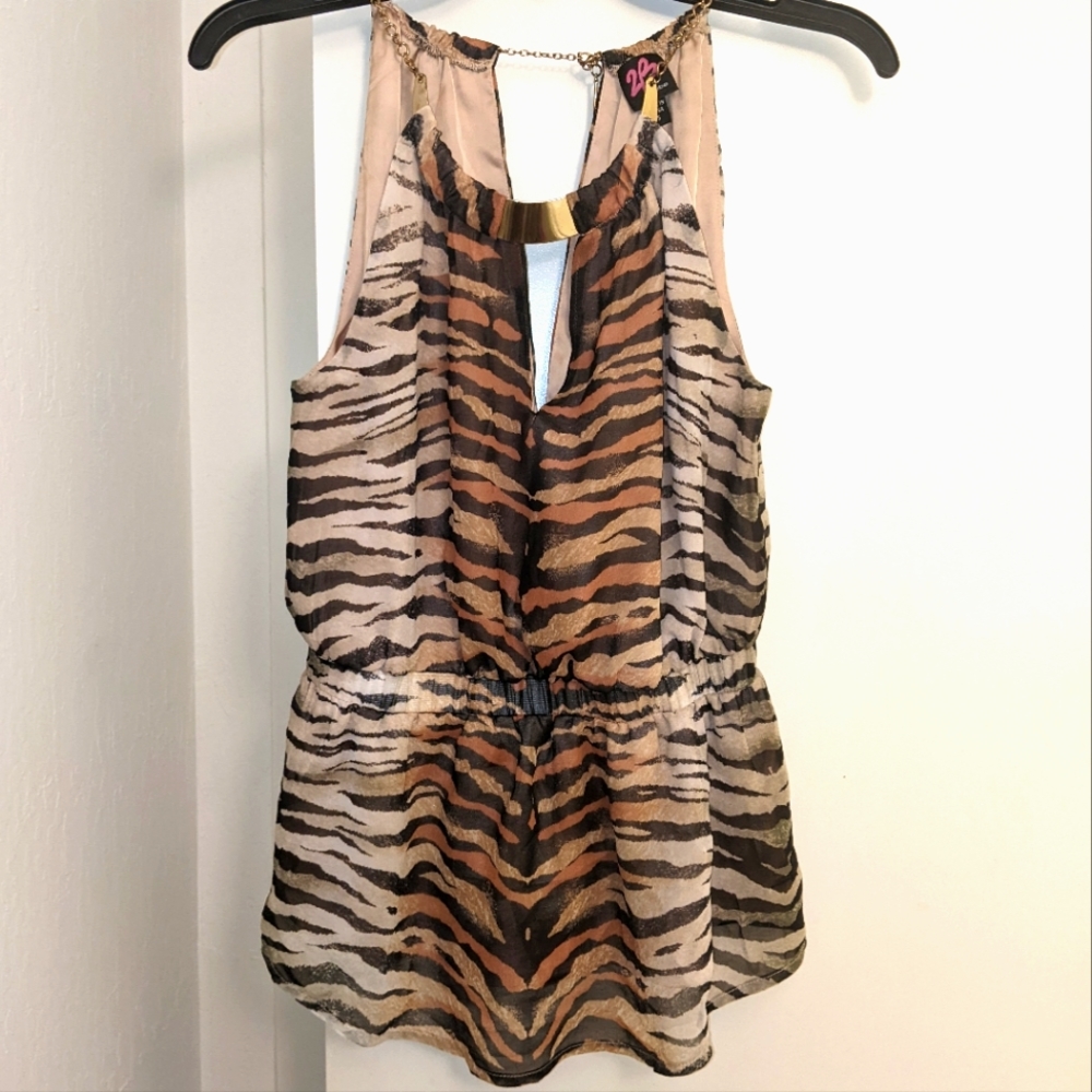 2B BEBE Tiger Print Halter Top With Necklace Attachment Size Small
